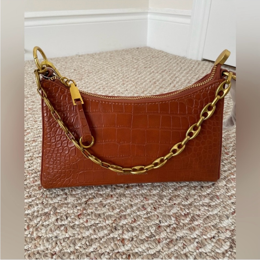 Brown Croc-Embossed Shoulder Bag with Gold Chain